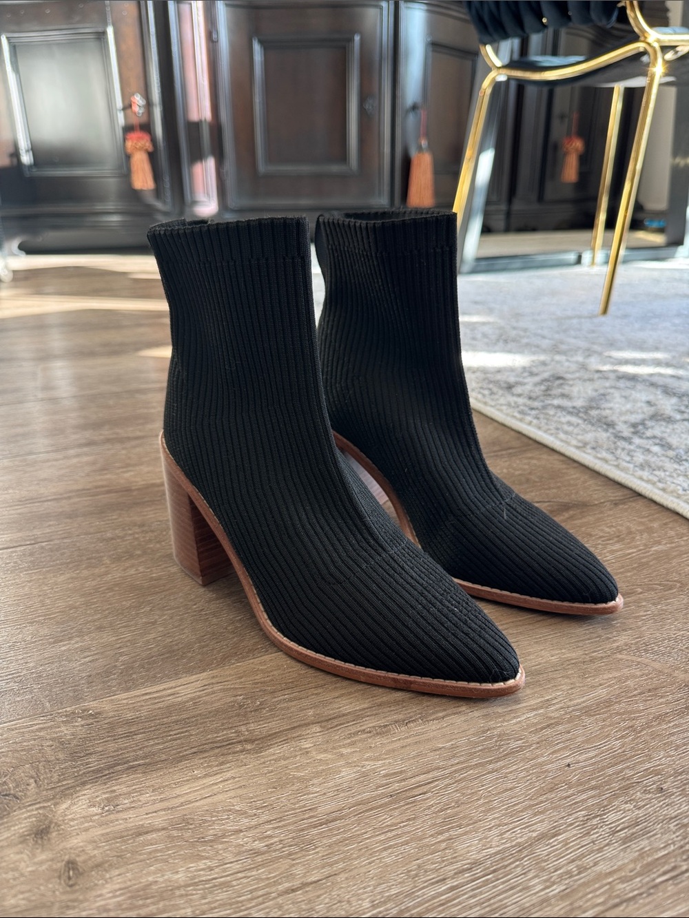 Steven by Steve Madden Black Knit Ankle Booties with Brown Block Heel